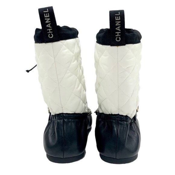 Chanel Boots Short Shoes Nylon Leather White Black Quilted Chain Belt